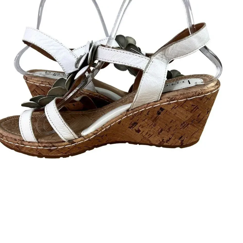 BOC Cornelis Wedge Sandals 10M White Floral Adjustable Ankle Strap Leather Upper